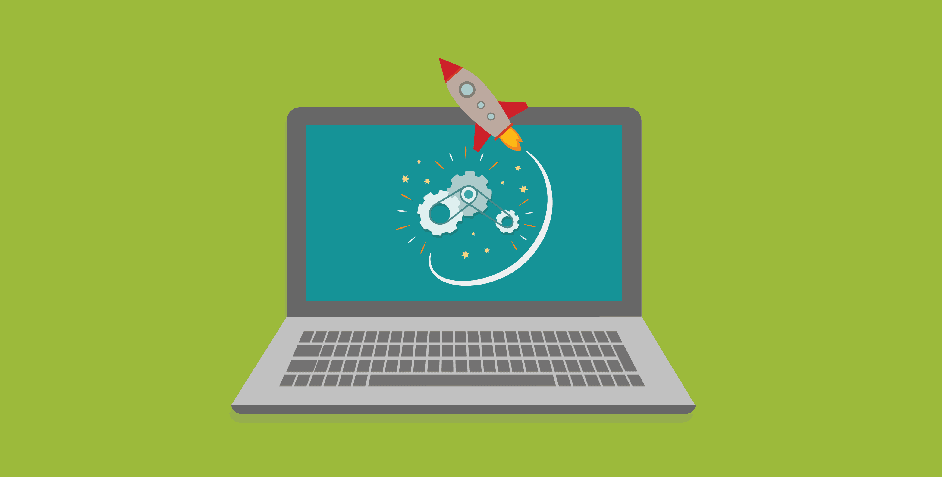 Graphic of laptop with gears and a rocket coming out of the screen