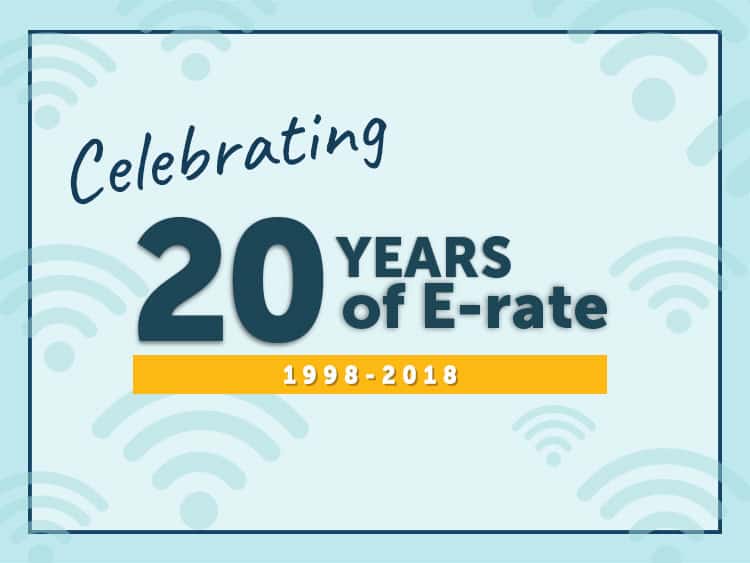 Celebrating 20 Years of E-rate 1998-2018 graphic with wifi symbols