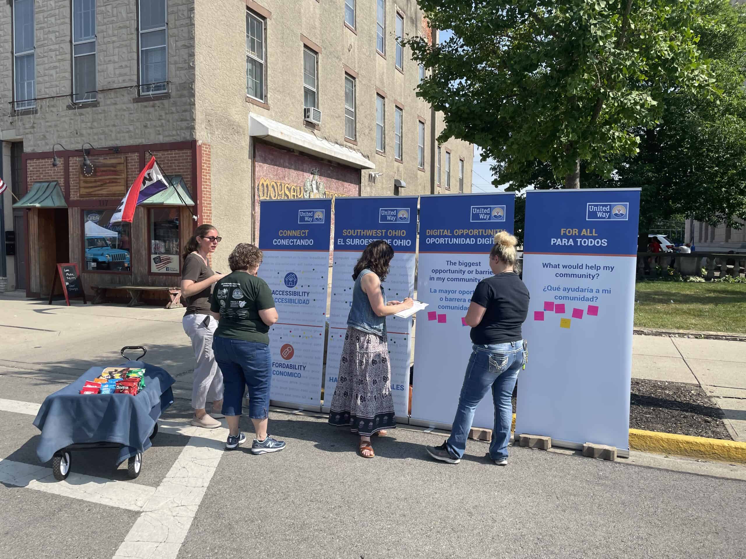 photo of a community event with individuals adding sticky notes to banners answering prompting questions around ways to improve the community.